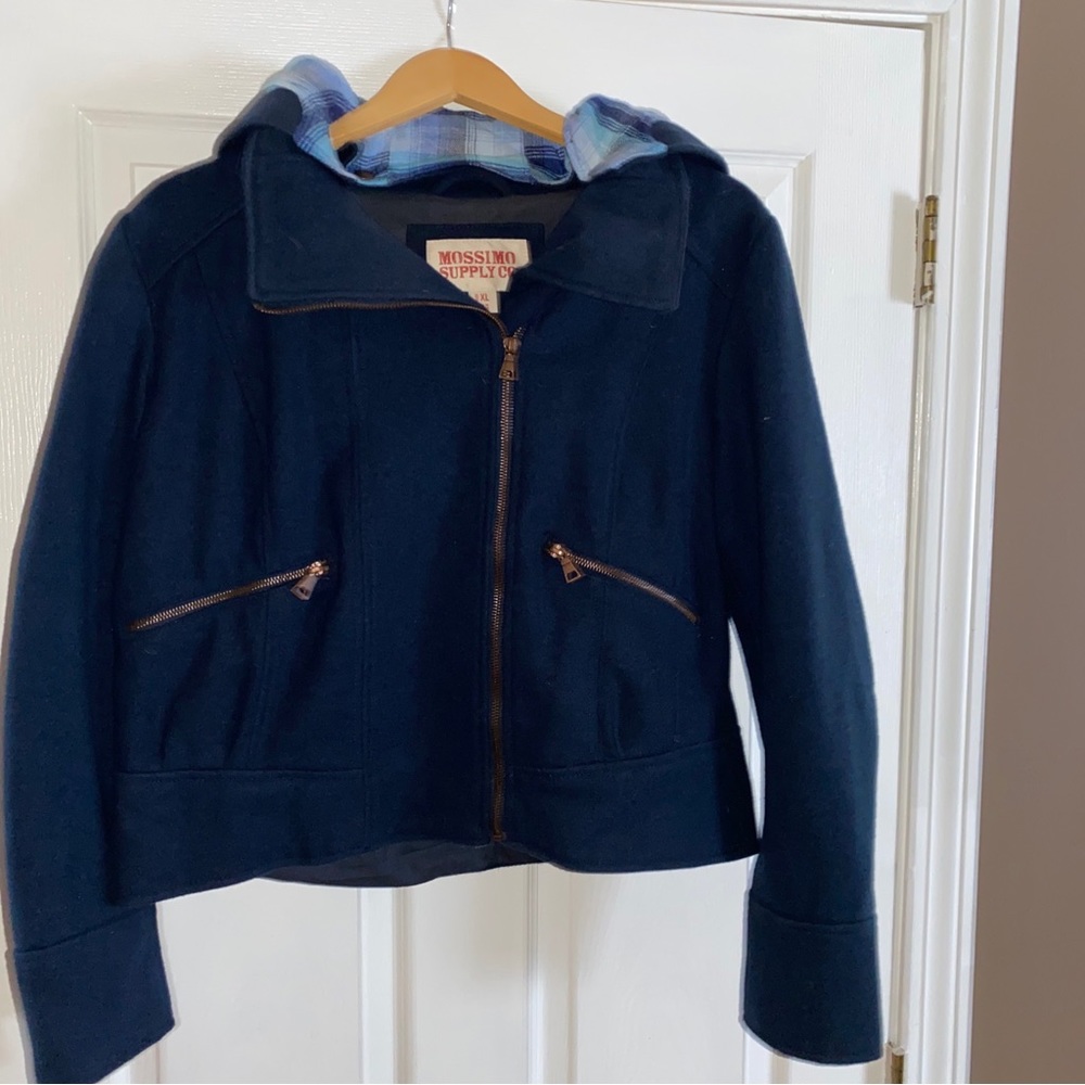 NEW with Tags!  Mossimo Supply Size XL Navy Zip Wool Moto  Jacket Removable Hood